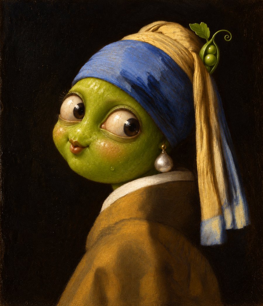 Peanad: Girl with a Pearl Earring repainted as a green pea with a pea pod in her turban